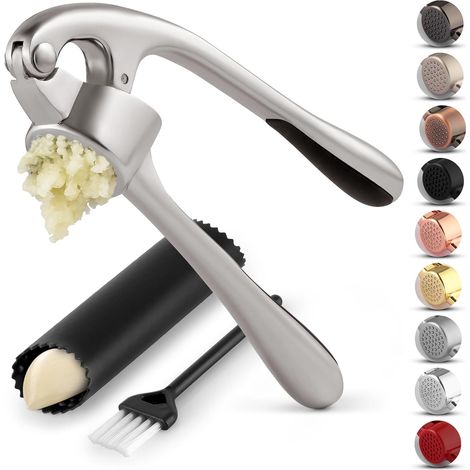 Presse-ail professionnel en acier inoxydable avec éplucheur silicone et brosse de nettoyage – Lot complet pour émincer l’ail facilement (1/5)