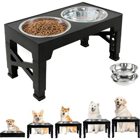 Gamelle surélevée pour chien - 5 hauteurs réglables en hauteur - Gamelle pour chien avec support - Avec 2 gamelles en acier inoxydable - Station d'alimentation pour chiens de grande, moyenne et petite (1/5)