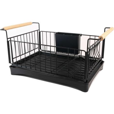 Stainless Steel Dish Drainer in Black with Drip Tray - 50 x 29 x 23.5 cm - with Wooden Handles, Cutlery Holder, Water Collection Tray with Drain (1/4)