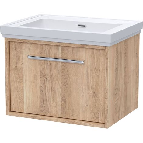 Sturbridge Contemporary 1 Drawer Wall Hung Vanity Unit with Traditional 0 Tap Hole Fireclay Basin , 600mm, Bleached Oak