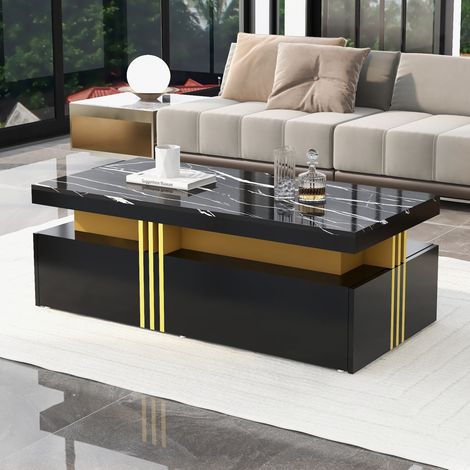 Mesa de centro rectangular de aglomerado, negra efecto mármol brillo, 100 cm, con 2 cajones (1/5)