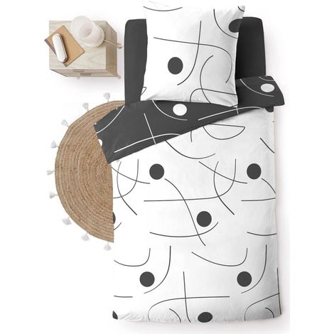 Douceur D'Intérieur – Parure de lit 2 P. microfibre 140x200 cm – Housse de couette réversible – Motif ronds et traits noir et blanc – Taies 63x63 cm