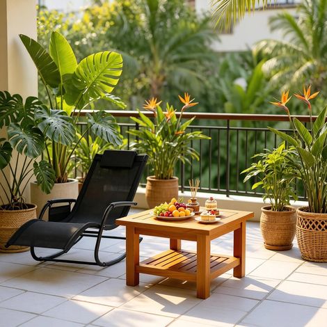 Sedia a dondolo da giardino in metallo e poliestere nera, ergonomica con poggiatesta e tasca laterale (1/4)
