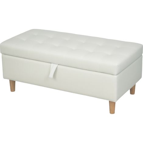 Tabouret rembourré avec rangement pieds bois couverture tissu doux blanc crème