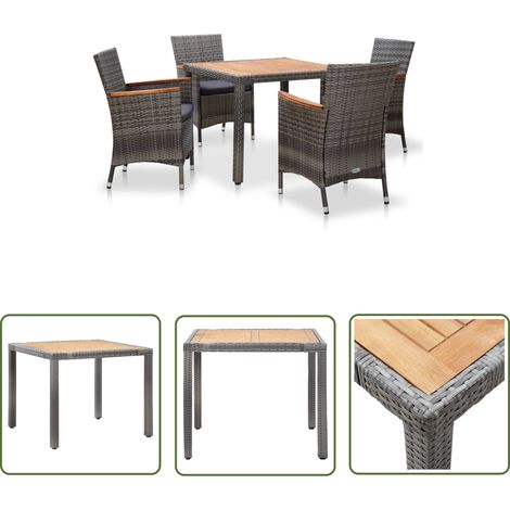 The Living Store 5-tlg. Garten-Essgruppe mit Auflagen Poly Rattan Grau - Gartenmöbel Set - Essgruppen - Outdoor Möbel - Rattan Gartenmöbel - Balkonmöbel (1/5)