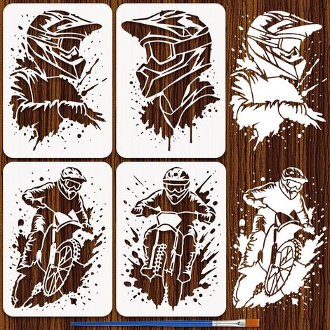 4 Pièces Pochoir de Motard Avec Un Pinceau 21x29.7cm (1/5)