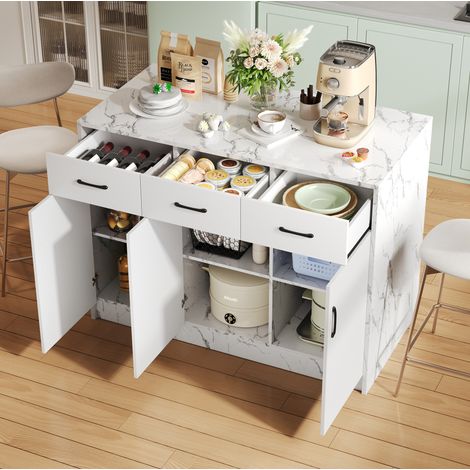 Isla de cocina 120 x 60 x 90,5 cm con barra, 3 cajones y 3 puertas, mármol blanco HAVRYA (1/5)