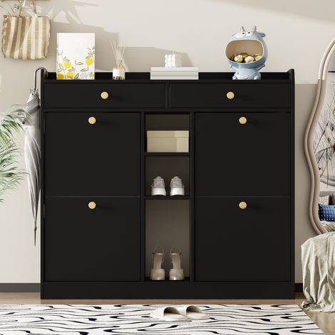 Meuble à chaussures, meuble de rangement gain de place pour entrée et couloir, meuble chaussure slim avec 4 portes abattantes et 2 tiroirs, 110 x 26 x 100 cm, Noir