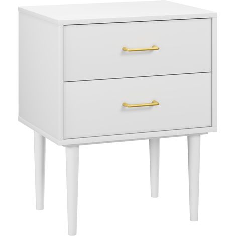 Nachttisch weiß 50 x 37 x 67,4 cm, moderner Nachtschrank weiß mit 2 Schubladen, Holzbeinen und goldfarbenen Griffen, Schlafzimmer