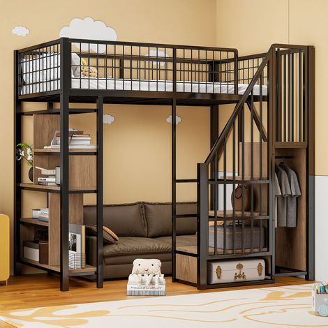 MEUBLIV Letto a soppalco 90x200 cm nero con scala e contenitori, senza materasso (1/5)