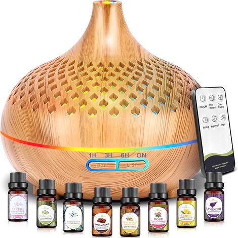 Diffuseur Huiles Essentielles 500ml avec Télécommande, Humidificateur Aromathérapie 14 LED, 3 Minuteries, Arrêt Auto, Silencieux, Cadeau (1/5)