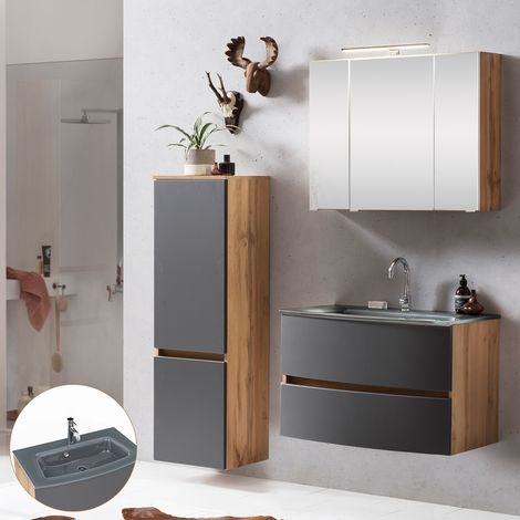 Waschtisch 3-tlg. Set LAURIA-03 in Wotaneiche Nb. mit matt grau, inkl. LED-Aufbauleuchte, BxHxT: ca. 140x200x49 cm (1/5)