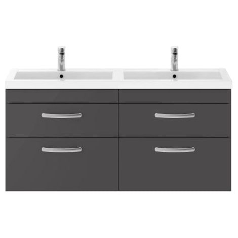 Nuie Athena Gloss Grey 1200mm Wall Hung 4 Drawer Vanity Unit and Double Polymarble Basins - ATH078C (1/5)