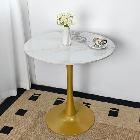 Tavolo Rotondo da Pranzo Effetto Marmo, Pietra Sinterizzata Bianco, Base Dorata, Elegante Super Resistente 76x76x78cm (1/5)