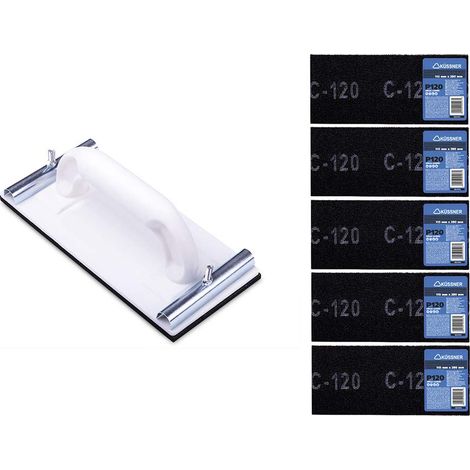 Lot de 5 grilles abrasives 115 mm x 280 mm P120 au carbure de silicium. Comprend une ponceuse à main avec poignée ergonomique. Kit complet pour ponçage efficace de diverses surfaces. (1/3)