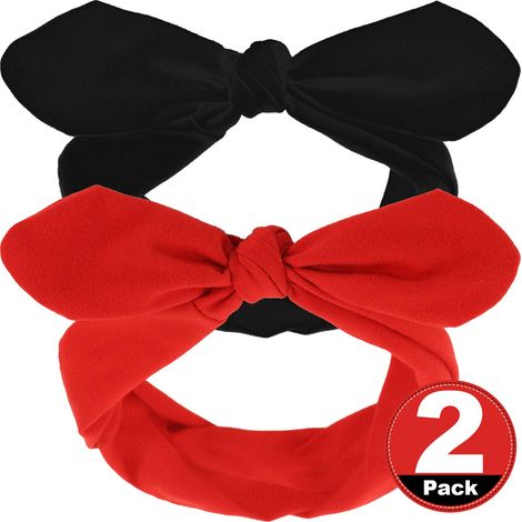 Lot de 2 bandeaux rétro rouges et noirs, bandeau vintage en fil de fer avec nœud et oreilles de lapin, pour filles et femmes. (1/5)