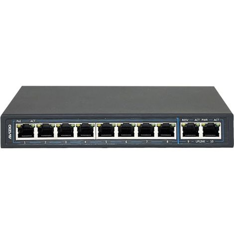 Switch non géré 10xRJ45 - 8 ports RJ45 PoE+ 1Gb/s + 2 ports RJ45 Uplink 1Gb/s (budget d'alimentation 96W) AVIZIO (1/5)
