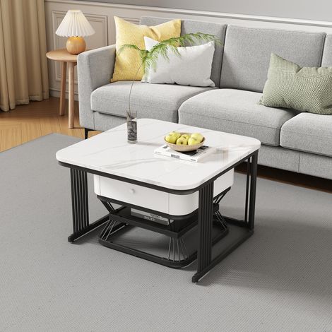 Ensemble de 2 tables basses géométriques 70x70x45 cm et 50x50x40 cm,aspect marbre brillant et tiroir. Blanc et noir,pour petits espaces.