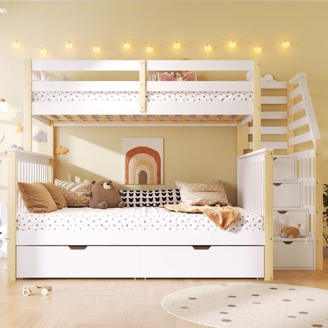 Lit superposé enfant 90x200 + 140x200 cm avec tiroirs escalier rangement sans matelas multifonction bois blanc et naturel solide (1/5)