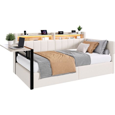 Lit banquette 90x200 cm en velours blanc avec coffre hydraulique, LED, USB, table rabattable et chevets interchangeables (1/5)