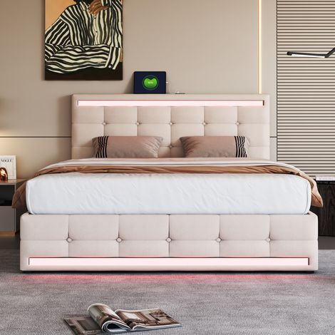 Lit double 140x200 cm lit rembourré avec LED, 4 tiroirs, USB et grand espace de rangemnet, tissu en lin, beige, sans matelas (1/5)