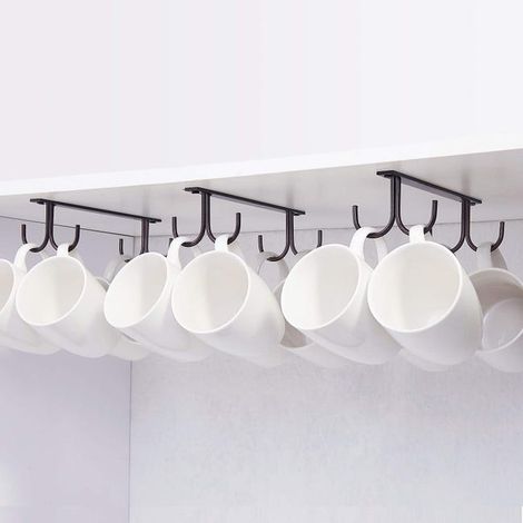 royaluxe - Porte-gobelet suspendu sous armoire avec 4 vis, ensemble de 3 supports pour tasses, mugs, chopes à bière, ustensiles de cuisine, café noir (1/4)