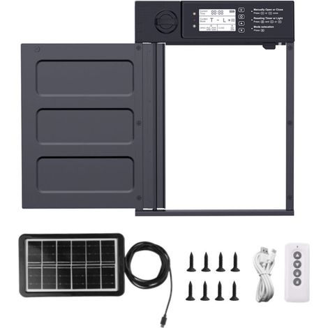 Porte Poulailler Automatique Solaire- Etanche IP45-Écran LCD, Porte Automatique Poulailler en Aluminium avec Capteur de Lumière, Minuterie, Fonction Anti-pincement (1/5)