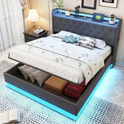 Lit Coffre 140x200cm - Lit Double 140x200 - Lit Adulte Rembourré avec Tête de Lit Étagère LED et Prise USB - Lin Gris (1/5)