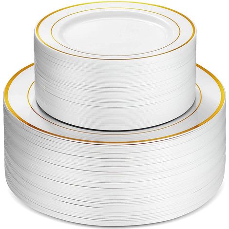 Lot de 50 assiettes plates en plastique, bord argenté et doré : 25 assiettes plates de 15 cm et 25 assiettes à salade de 23 cm, pour une fête. (1/4)