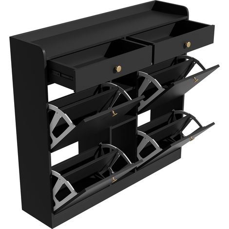 Zapatero negro con 4 puertas abatibles, 2 cajones y 3 huecos abiertos, 110 x 26 x 100 cm (1/5)