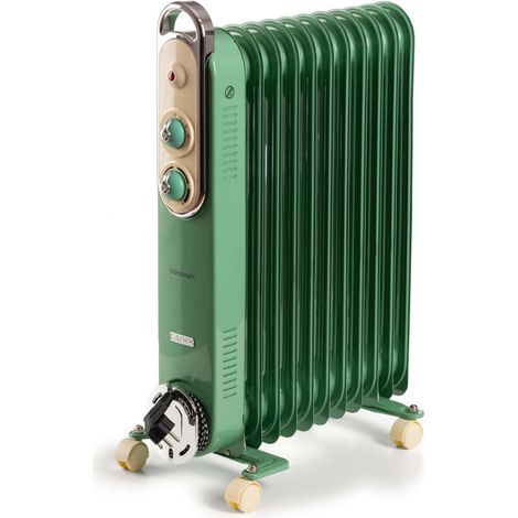 Ariete Linea Vintage 8252 Radiatore a olio Vintage, 11 elementi riscaldanti, 2500W, 3 livelli di potenza, Maniglia e ruote per facile trasporto, Verde
