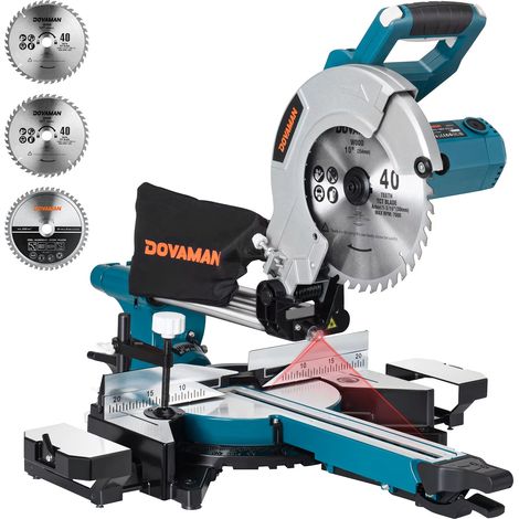 Scie à onglet radiale 340mm avec guide laser, 3 lames au carbure, guide laser d'onglet à 45°,2000W, 5000/3200 tr/min, pour bois et métal ,Bleu (1/5)
