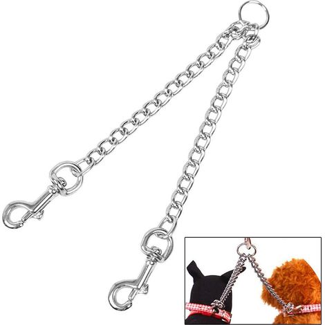 Laisse en aluminium double tête pour deux chiens, longe de traction jumelle 40cm, chaîne de promenade pour animaux.
