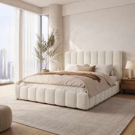 Cama tapizada 180/200 cm en bouclé blanco con arcón hidráulico y somier de láminas (1/5)