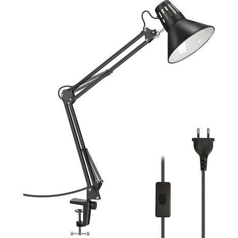 Lampe de Table Métallique, Tête Orientable, Design Moderne, avec Douille E27, Interrupteur sur Cordon 1,7m, pour Bureau, Lecture, Chevet (Noir) (1/5)