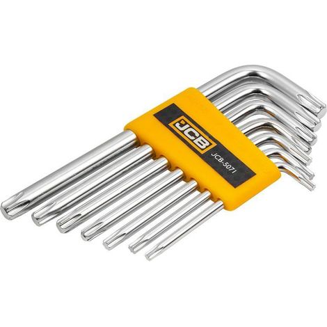 Juego de 7 llaves 5071 TORX JCB, tamaños T10H a T40H, para trabajos en espacios reducidos, acero Cr-V, resistente al desgaste, soporte práctico para almacenamiento.