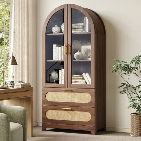 Armoire vitrine 175x80x40 cm avec 2 tiroirs, étagères réglables et porte-verres, design vintage rétro, noyer (1/5)