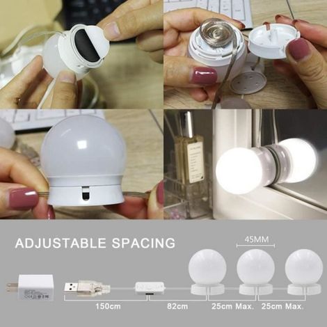 Lot de 10 ampoules LED pour miroir avec 5 variateurs de luminosité réglables et cordon d'alimentation USB (1/4)