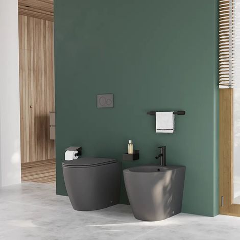 Coppia di sanitari filomuro ceramica grigio opaco vaso rimless copriwc soft close e bidet Europa Small