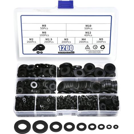 1200 flache Nylon-Unterlegscheiben für Schrauben und Bolzen, schwarze Kunststoffringe, Sortiment hochwertiger Kotflügelringe, sortiertes Ringset (9 Größen – M2, M2,5, M3, M4, M5, M6, M8, M10, M12) für (1/5)