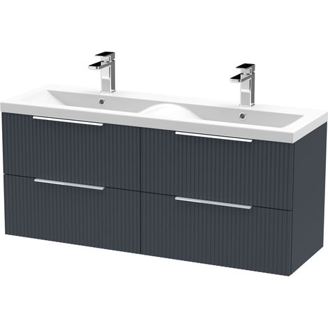 Tixall Fluted 4 Drawer Wall Hung Vanity Unit with Double Basin, Dark Grey, 1200mm