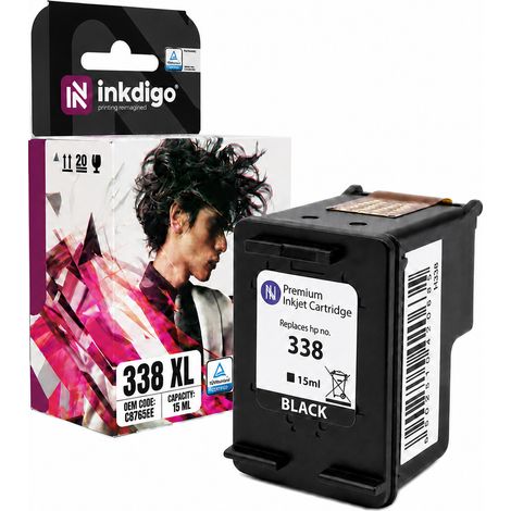 Inchiostro Inkdigo 338 XL compatibile con HP DeskJet 460 e OfficeJet 6205, certificato TÜV PSC1610. (1/5)