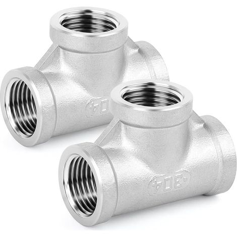 2 Stainless Steel Tee Pipe Fittings, BSP Female Pipe Fittings 1/2" x 1/2" x 1/2" (1/5)