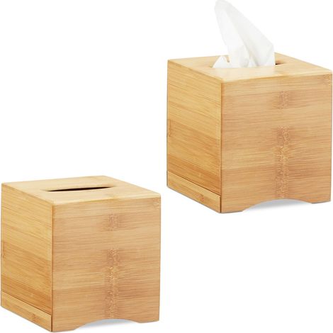 2 x Square Facial Tissue Box, Wooden Bamboo Cosmetic Tissue Dispenser, Cover, HWD: 15.5 x 14.5 x 14.5 cm, Natural