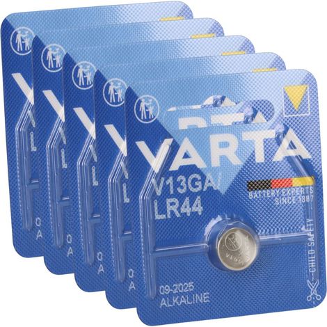 5x Varta Knopfzelle Electronics V 13 GA / A76 / LR 44 Alkaline 1,5 V 1er Blister (1/5)