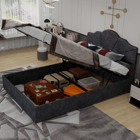 Lit 140x200 cm gris tête moelleuse coffre tiroirs vérins sans matelas (1/5)