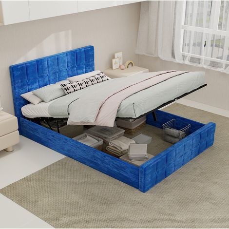 Lit tapissé 140/200 cm bleu en flanelle à tête capitonnée (1/5)