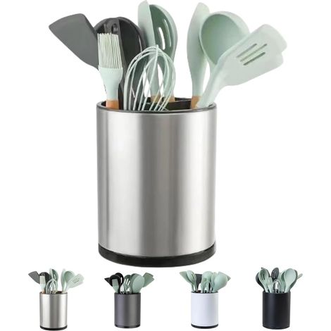 Porte-ustensiles rotatif à 360° en acier inoxydable avec 3 compartiments pour plan de travail, couverts, cuillères, spatules, outils, ustensiles de cuisine (1/5)
