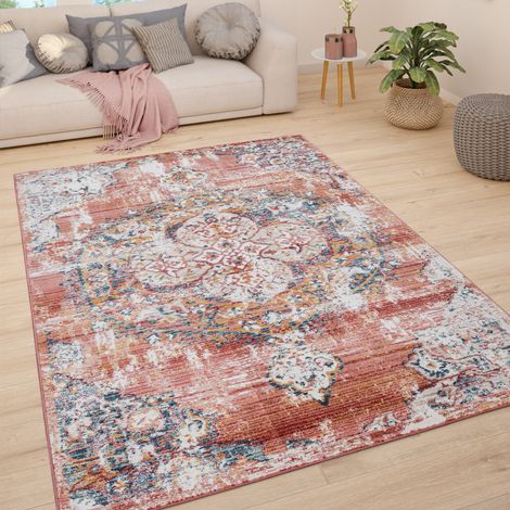 Paco Home Teppich Wohnzimmer Kurzflor Vintage Pastell Modernes Orientalisches Muster 120x170 cm, Rot