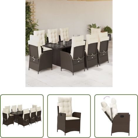 Gartentisch - 9-tlg. Garten-Essgruppe mit Kissen Braun Poly Rattan (1/5)